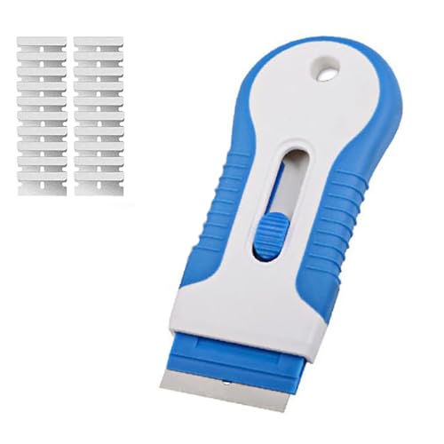Grattoir À Verre En Plastique Avec 20 Lames De Rechange for Plaques Vitrocéramiques, Portes Vitrées, Fenêtres Et Surfaces Peintes. Décollage Des Autocollants Et Des Étiquettes(Blue)