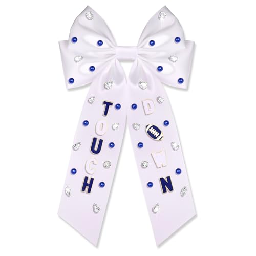 Game Day Hair Bows for Women Football Fans - Large Jeweled Silky Satin Hair Ribbons Cheer Bows (Red, Blue) - Spirit Day Accessories - Football Mom Outfits (Pattern K2)