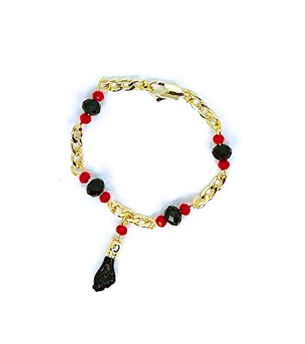 RC & J GENERAL 14KT GP BLACK HAND LUCKY CHARM EVIL EYE BRACELETE 5" - AZABACHE MAL DE OJOS BRAZALETE DE 5"3