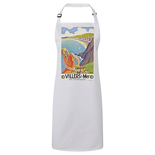 Tablier Villers Sur Mer Normandie affiche vintage en coton premium blanc