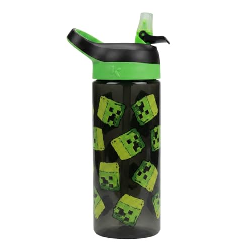 Image of HOX Minecraft Creeper 600ml Water Bottle School Drinks Bottle + Removable straw, Leak Proof Durable Plastic - Gift for Minecraft Gamer - Official Merchandise, Black