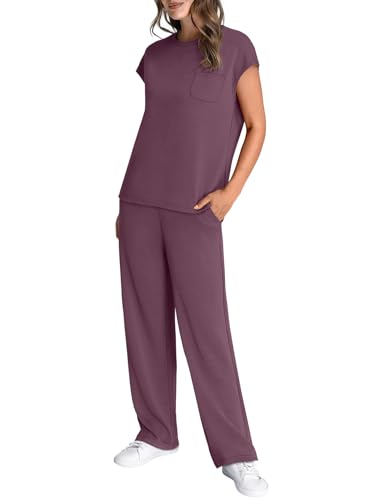 Image of WIHOLL 2 Piece Sets for Women Casual Summer Travel Vacation Outfits Cap Sleeve Lounge Set