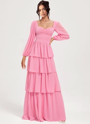 Dessiny Long Sleeves Tiered Bridesmaid Dresses 2025 for Women Flowy Chiffon Formal Evening Dress DE5134