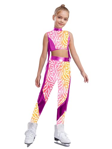 YEAHDOR Girls Hip Hop Jazz Dance Outfits Zebra Print Metallic Crop Tops and Skinny Leggings Athletic Outfits Hot Pink 8 Years