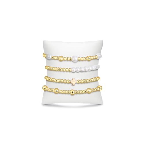 BOMAIL Gold Beaded Bracelets for Women Trendy Non Tarnish Gold Bracelet Stack 14K Gold Plated Pearl Bead Bracelets Cross Bracelets Set Stackable Stretch Beads Bracelet