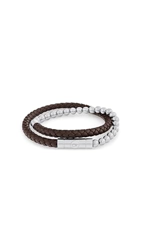 Calvin Klein Fuse Leather and Beads Bracelet for Men, Geometrically Shaped Watch Links, Wrap Around Band, Magnetic Closure, Stainless Steel, Jewelry Accessories, Designed for Easy Styling