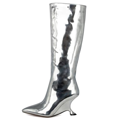 Kluolandi Metallic Boots for Women Knee High Sculptural Wedge Heel Boots with Zipper and Pointed Toe Fashion Party Shoes