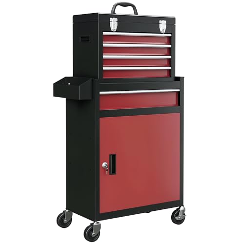 HOMCOM Chariot d'atelier Servante d'Atelier sur roulettes, Chariot avec Caisse à Outils Amovible, 5 tiroirs et Armoire verrouillable, 60 x 28 x 105 cm Rouge