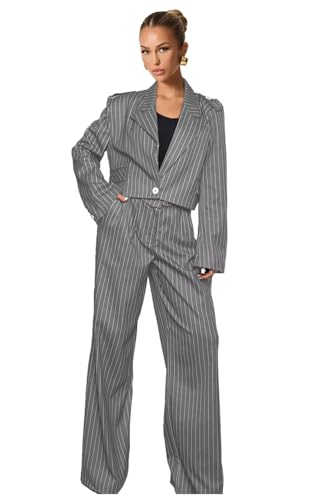 Pinstripe Pant Suits for Women Wedding Guest 2 Piece Womens Suit Casual 1 Button Short Blazer Tuxedo for Work Professional