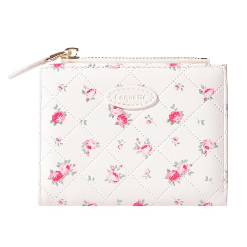 Sunwel Fashion Floral Prints Rose Wallet Small Bifold Wallet with Zipper Coin Purse Card Holder ID Window for Women Girls (CREAM)