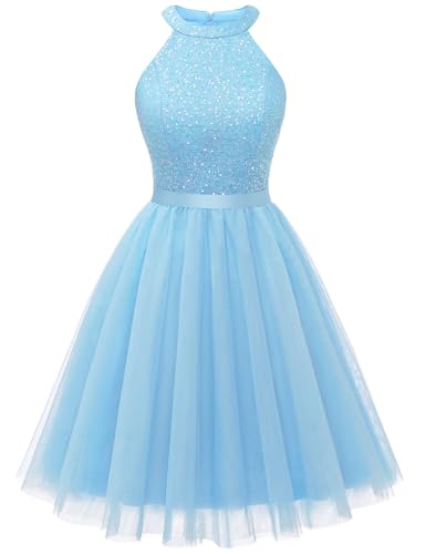 Image of Dressystar Women's Sequin Short Prom Dress Sparkly Halter Tulle Cocktail Party Homecoming Dresses