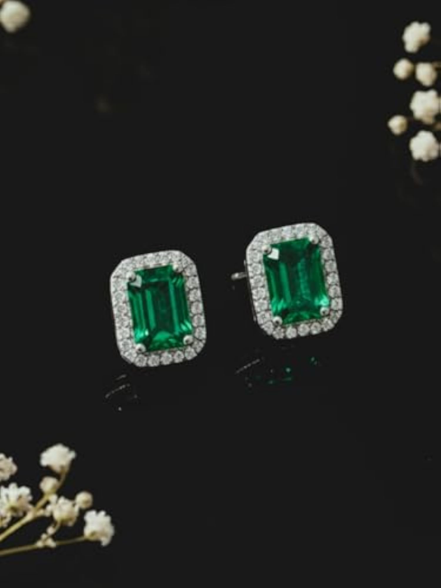 Silver-Plated Designer CZ Emerald Stud Earrings, Daily Wear