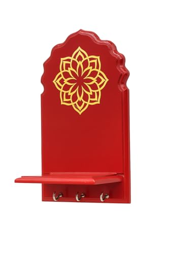 Image of Globally Indian Engineered Wood Keys Holder for Wall with Shelf | Mandala Design Key Stand Organizer for Home Entrance |Decorative Key Hanger for Wall, Entryway, Living Room |Floating Wall Shelf (Red)