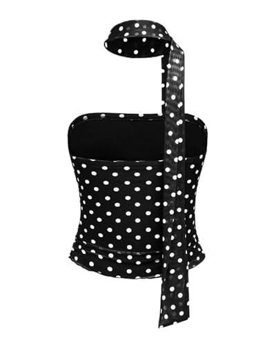 Womens Y2k Polka Dot Mesh Crop Tube Top with Scarf Sleeveless Strapless Cute Fitted Ruched Bandeau Tank Shirts2
