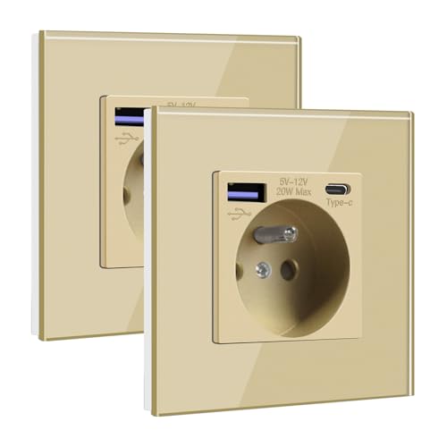BSEED Prise Murale avec USB C PD20W Or,Prise à Encastrer,16A Prise de Courant Alternatif avec Panneau en Verre,Chargeur Rapide Multiprises avec 1 USB-C 20W,...