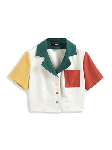 CIDER Patchwork Collar Short Sleeve Crop Blouse