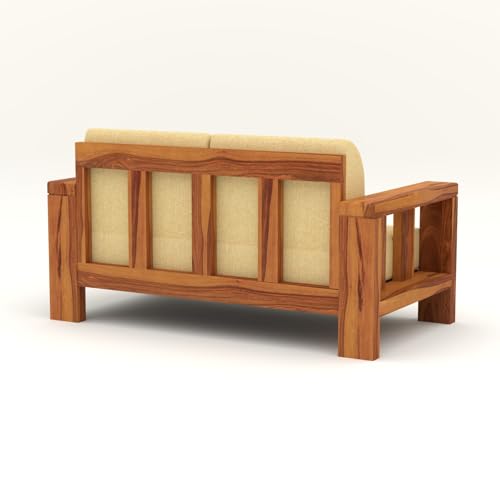 Image of NATRAJ ART & CRAFT Solid Wood 2 Seater Sofa for Living Room | Wooden Frame Fabric Cushioned Loveseat Sofa with Armrests| Modern Comfortable Couch for Home & Office (Honey Finish)