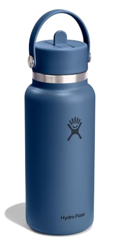 Image of Hydro Flask Water Bottle - Insulated Stainless Steel - Wide Mouth Flex Straw Lid, Non Spill, Leakproof and Refillable in 32 Oz Harbor Blue
