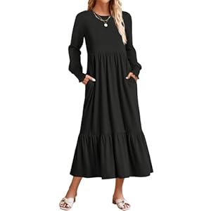 ZESICA Women’s 2024 Fall Long Sleeve Dress Crewneck Casual Loose Pleated Tiered Swing Midi Dresses with Pockets