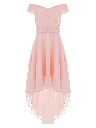 Kids Girls High Low Flower Girl Wedding Chiffon Dress Off Shoulder Sleeveless Evening Party Dance Wear