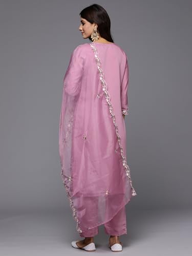 Image of INDO ERA Women's Embroidered Silk Blend Calf Length Straight Kurta Trousers With Dupatta Set