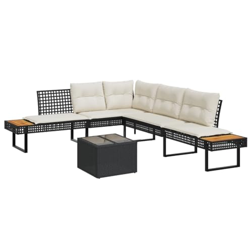 IKAYAA Sofá Jardin Exterior de Ratán, Muebles de Jardín, Sofá Jardín, Sofa Exterior de Ratán, Sofá Terraza con Cojines Negro Mesa de jardín
