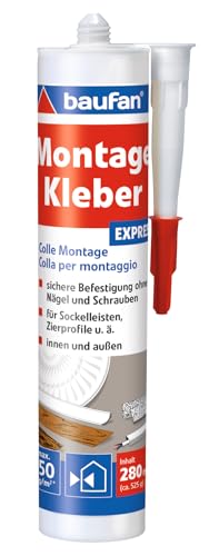 baufan Montagekleber 280ml Express | in der praktischen Kartusche | gebrauchsfertig | universeller Alleskleber für Holz, Kabelkanäle, Dämmplatten, Keramik, PVC | lösungsmittelfrei | weiß