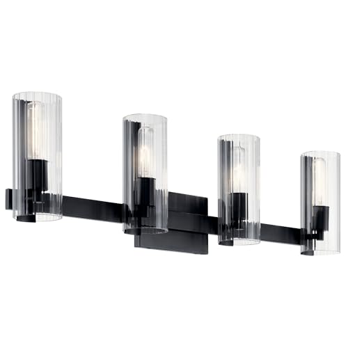 Image of Kichler Jemsa 4-Light Bathroom Vanity Light Fixture with Clear Fluted Glass in Black, Modern Wall Mount Vanity Lighting for Bathroom Over Mirror (9.75 in x 32 in), 55169BK