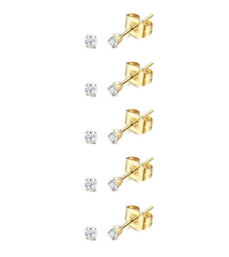 5 Pairs Gold Tiny 2mm Stud Earrings Set for Women Men Surgical Steel 20G Small Stack Round Cubic Zirconia Earrings for Multiple Piercing Hypoallergenic Piercing Studs for Sensitive Ears