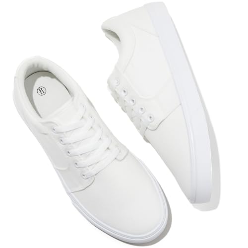 Image of BENPAO Mens White Casual Shoes All Black Fashion Sneakers for Men Low Top Lace Up Canvas Shoes