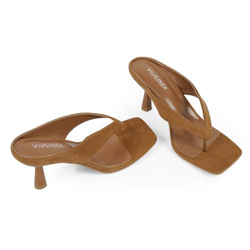 Image of VIUGJNEX Women's Kitten Heels Flip Flops Slip On Open Toe Low Heels Thong Square Slide Summer Fashion Party Heeled Dressy Sandals for Women