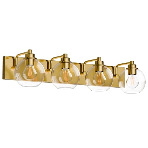 Image of 4 Light Bathroom Light Fixtures-Brushed Gold Bathroom Vanity Lights, Modern Vanity Lights 4-Light Bathroom Lighting Fixtures Over Mirror with Clear Glass Globe Shade