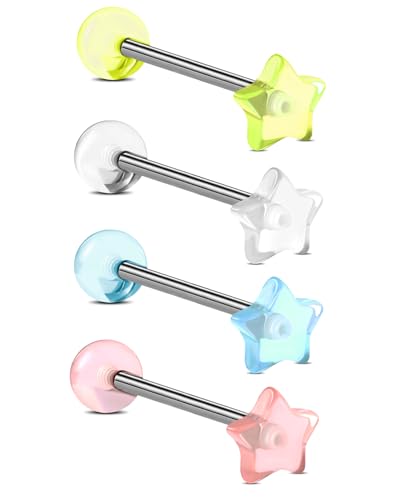 Jewseen 4Pcs G23 Implant Grade Titanium Tongue Rings 14g Tongue Piercing Jewelry Acrylic Star Tongue Barbell for Women Men