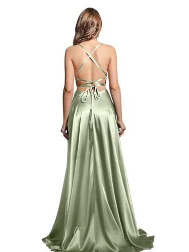 MisShow Women's Satin Bridesmaid Dress with Slit A-line Spaghetti Straps Formal Prom Gown Evening Party Dress2