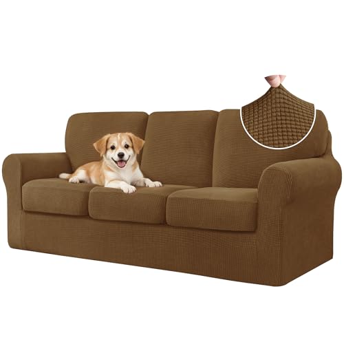CHUN YI 7 Piece Stretch Sofa Covers for 3 Cushion Couch Covers, 3 Seater Couch Slipcover with 3 Separate Backrests and Cushions with Elastic Band, Checks Spandex Jacquard Fabric(Large, Coffee)