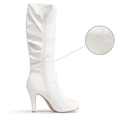 Dream Pairs Paris Women's Chic Fashion Platform Knee High Rhinestone Buckle Slouchy Faux Fur Interior High Heel Boots White Pu Size 8.5 #TOP1
