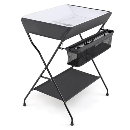 Image of HONEY JOY Changing Table, Folding Nursery Organizer with Open Shelf & Safety Belt, Portable Diaper Changing Station for Newborn (Black, Basic)