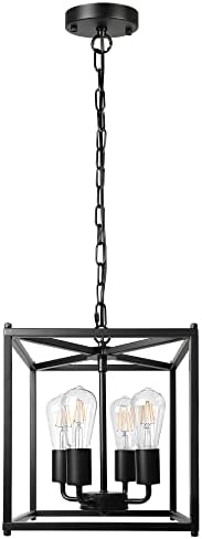 Unicozin 4-Light Black Farmhouse Chandelier, Iron Lantern Pendant Light Rustic Cage Adjustable Height, E26 Base Industrial Hanging Lights for Kitchen Island Dining Room Hallway Foyer Entryway
