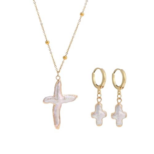 Nature Freshwater Pearl Cross Necklace Earring for Women, Gold Big Cross Pearl Necklace,Baroque Earrings (Gold)