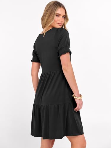 Image of ANRABESS Women Summer Square Neck Puff Short Sleeve Mini Dress 2026 Casual Flowy Sundress Beach Vacation Clothes with Pockets