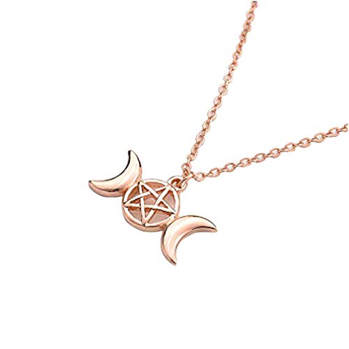 MANZHEN Triple Moon Goddess Pendant Necklace Pentacle Pentagram Wiccan Jewelry (rose gold)