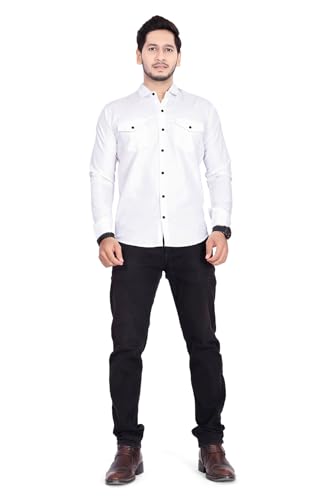 Image of Men's Cotton Spread Collar Full Sleeve Regular Fit Solid Casual Shirt with Double Pockets - Stylish Comfortable Shirt for Everyday Wear