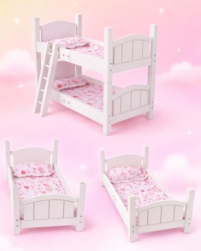 BABESIDE Reborn Baby Dolls Crib with Bedding, Wooden Babys Doll Bunk Bed for 17-20 Inch Dolls, Reborn Baby Doll Bunk Bed with Ladder Removable, Doll Bed for Gift, White