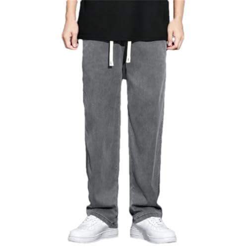 Men's Summer Thin Denim Jeans Loose Straight Fit Drawstring Elastic Waist Korean Casual Trousers Plus Size