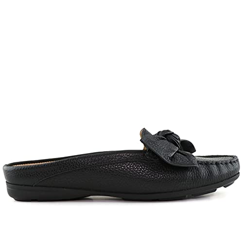 Marc Joseph New York Womens Casual Genuine Leather Flat Mules Sandals Closed Toe Backless Comfortable Lightweight Fashion Loafer With Bow Detail Slip-On Slides Black Grainy 6 #TOP4