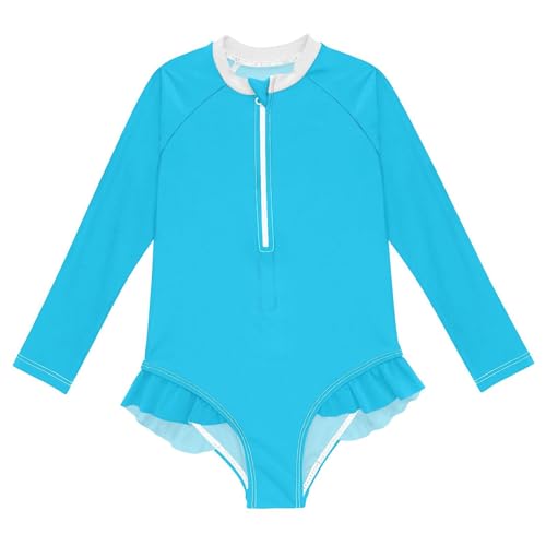 Plain Bright Sky Blue Baby Girl Bathing Suit Long Sleeve UPF 50+ One Piece Toddler Swimsuit Size 3T