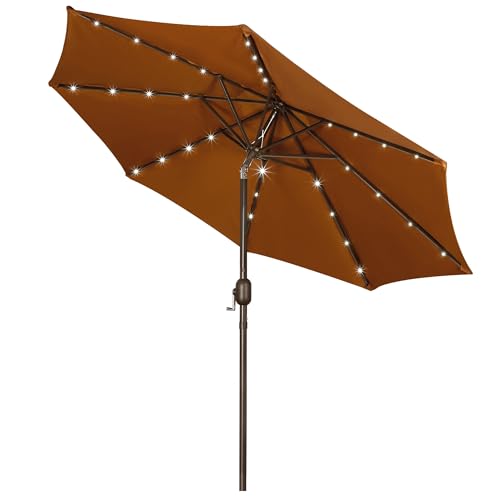 Image of Blissun 9 ft Solar Umbrella 32 LED Lighted Patio Umbrella Table Market Umbrella with Tilt and Crank Outdoor Umbrella for Garden, Deck, Backyard, Pool and Beach, Brown