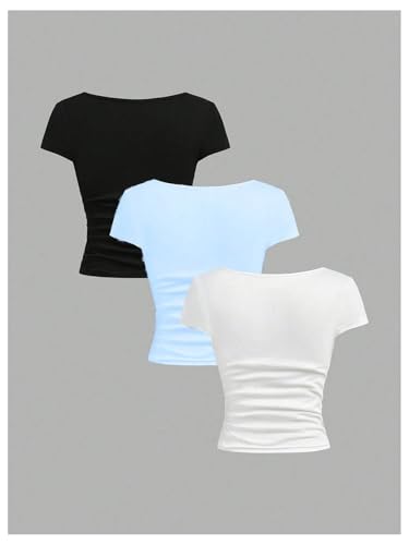 Image of SOLY HUX Girl's Short Sleeve T Shirts 3 Piece Basic Scoop Neck Tees Slim Fit Casual Summer Tops