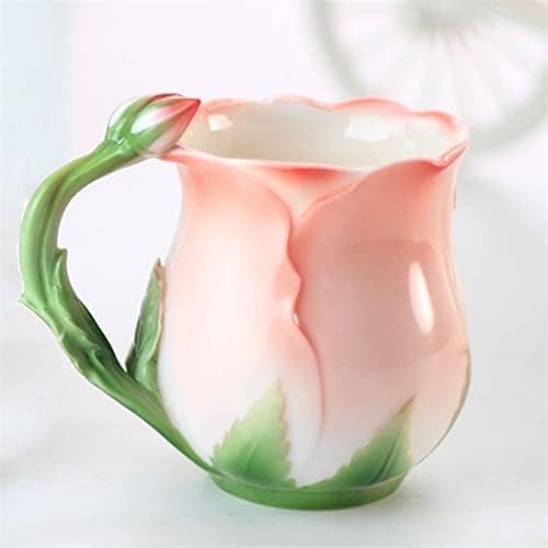Europäischer Stil Emaille Keramik Kaffeebecher Kreative Rose Blume Form Teetassen Pastoral 4 Farben Frühstück Milchtassen Mit Löffel, Rose
