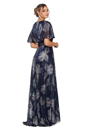 Image of Betsy & Adam Women's V Neck Flutter Sleeve Metallic Print Flowy Dress